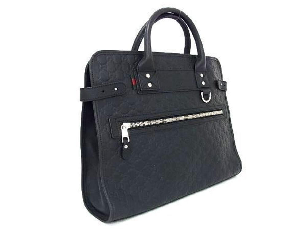 Gucci ssima Leather Handbag Bag Loop Web Black Tote Black